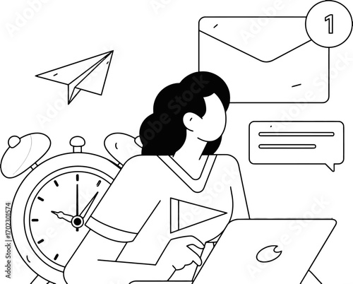 Focused professional juggles urgent tasks with laptop, clock, and notifications, mastering modern productivity and communication in a dynamic workflow