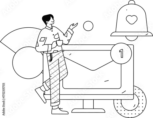 Modern professional taking a coffee break amidst digital notifications and email alerts, symbolizing communication and workflow efficiency in a contemporary setting