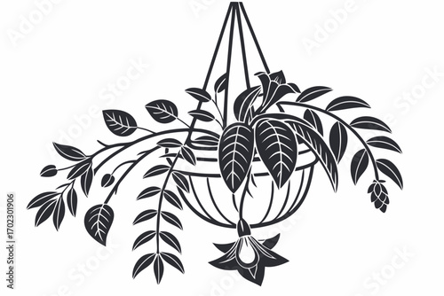 Stylized silhouette of a hanging fuchsia plant with drooping flowers