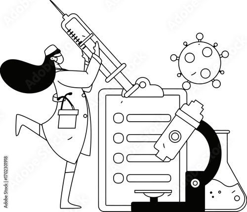 Dedicated scientist diligently researching virus vaccine development, holding large syringe with microscope and lab equipment nearby, symbolizing medical breakthrough and innovation