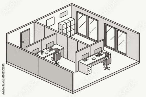 Isometric view of a modern office with cubicles and workstations
