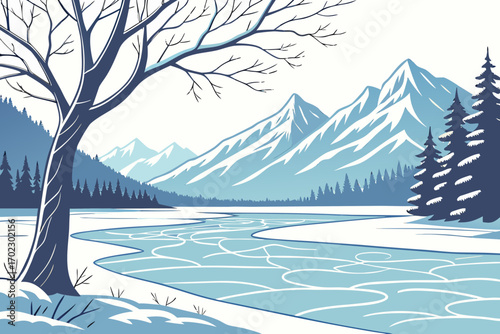 Stylized winter landscape with snow covered mountains and frozen river