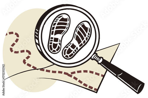 Magnifying glass examining footprints on a map for investigation