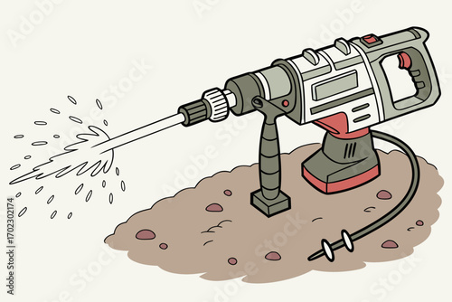 Cartoon illustration of a jackhammer drilling into the ground with debris flying
