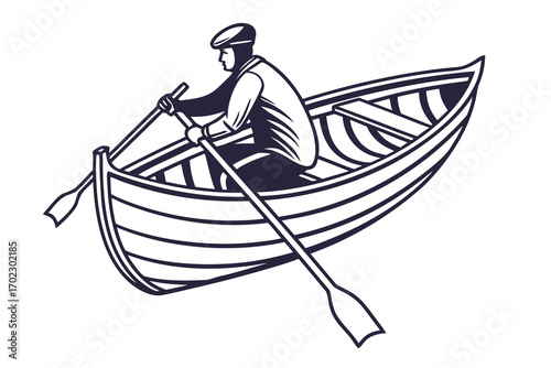 Man rowing a wooden boat with oars in a simple graphic style