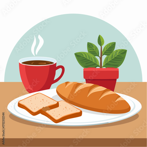 Vector illustration of a morning breakfast with fresh bread and hot coffee on a plate