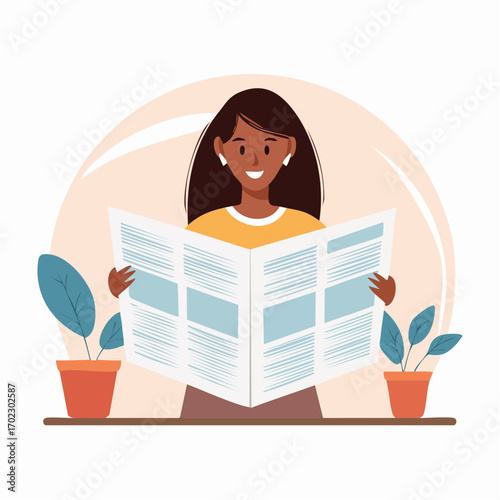 Cheerful young woman sitting at a table and reading the morning news from a paper