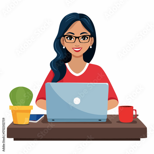 Smiling Woman Working on Laptop
