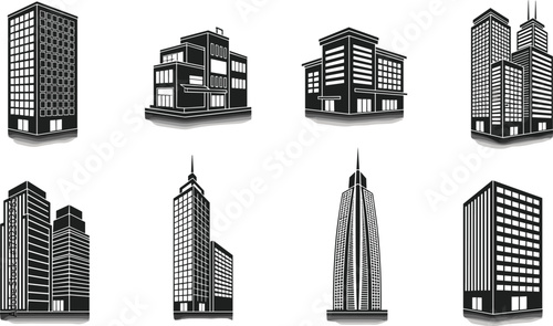 Black building silhouettes in diverse architectural styles, modern skyscrapers and urban structures, vector icons for cityscape, construction, and real estate design