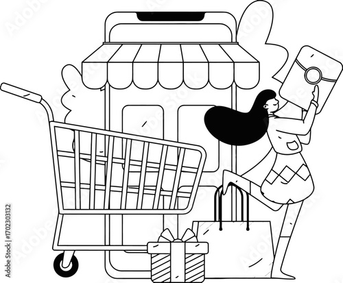 Excited shopper joyfully grabbing a gift box next to a shopping cart and a stylized storefront symbolizing online retail success and rewarding purchases