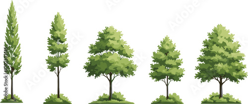 Illustration of various green leafy trees in a row, showcasing different shapes and sizes on a clean white background.