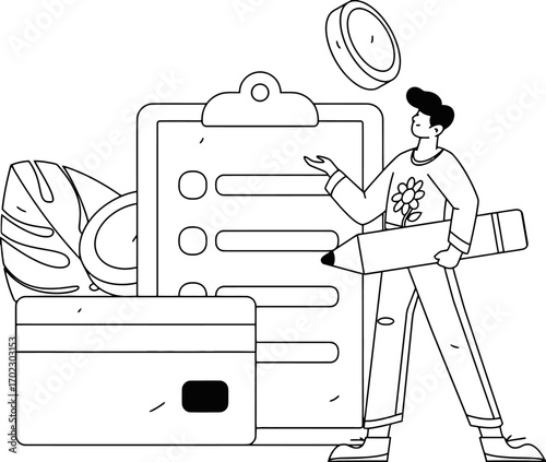 Young entrepreneur meticulously plans project success with checklist, credit card, and coin, embracing modern finance and growth strategies.