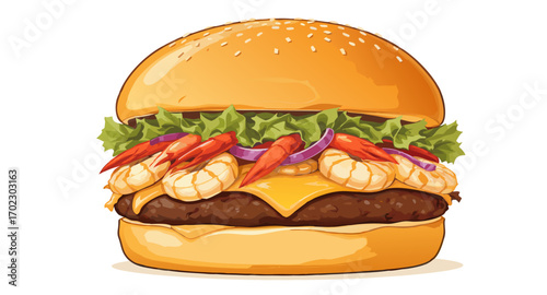 Delicious burger with shrimp and fresh vegetables.