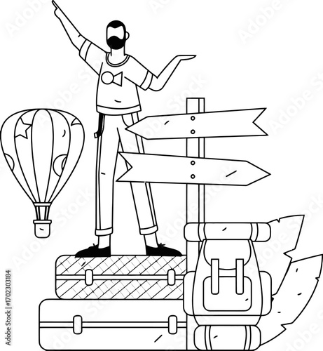 Adventurous traveler pointing towards new destinations with luggage and hot air balloon ready for exploration and discovery