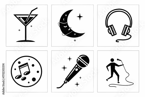Set of six black and white icons representing music and nightlife