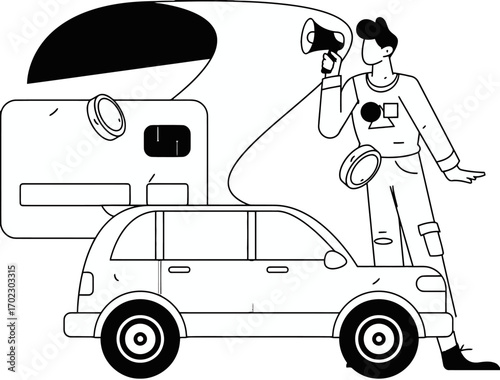 Dynamic promoter announces exciting car sale deal using megaphone near credit card and vehicle, driving customer engagement for automotive business success.