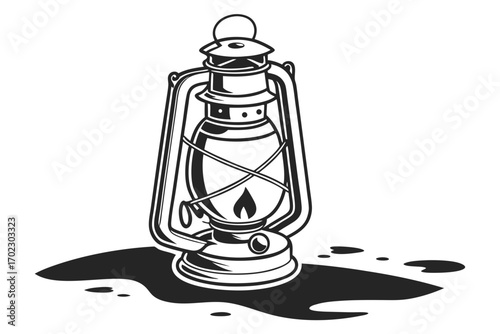 Vintage kerosene lantern with flame on a dark liquid spill