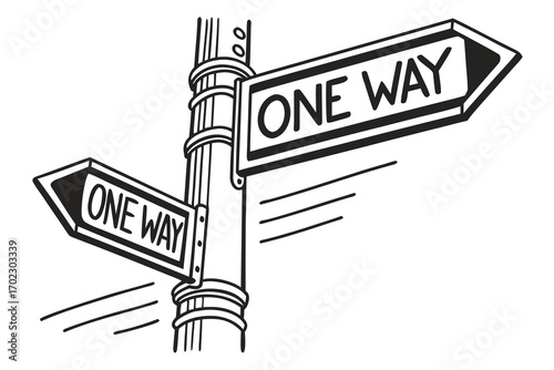 Black and white illustration of two one way street signs pointing in opposite directions