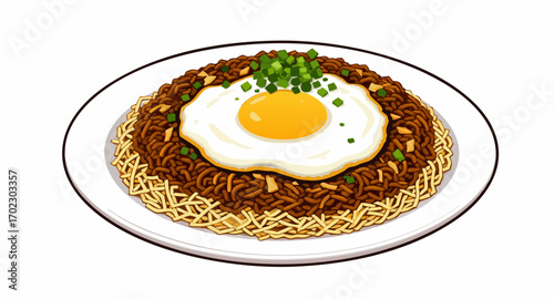 Traditional Asian stirfried noodles with a sunny side up egg and fresh green onions.
