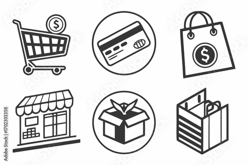 Set of shopping and commerce icons including a cart credit card shopping bag store and package
