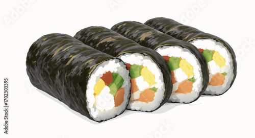 A row of fresh Japanese sushi maki rolls.