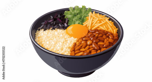 Delicious Bowl of Food with Rice Beans and Fries.