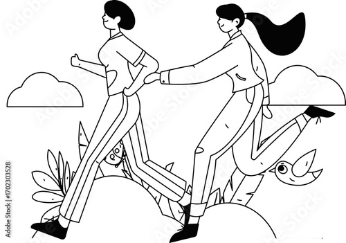 Two women in dynamic motion, one leading the other forward in a stylized, modern illustration suggesting progress and teamwork on an outdoor adventure, capturing pure joy and forward momentum.