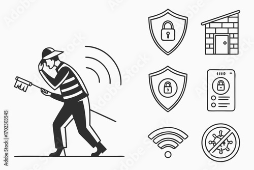 Burglar attempting to unlock a secure system with a key and security icons