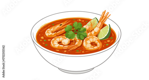 Tom Yum Goong a traditional Thai hot and sour shrimp soup served in a white bowl with lime and cilantro isolated on a white background.