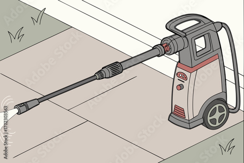 Pressure washer cleaning a paved surface with water spray
