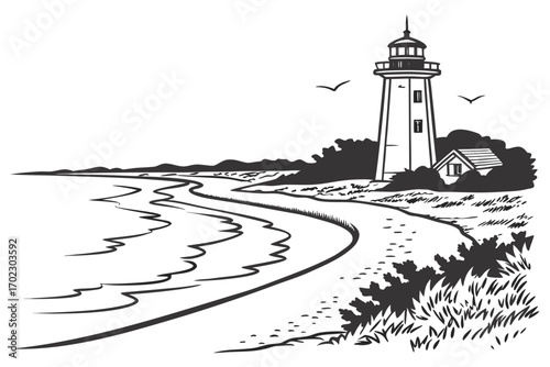 Lighthouse on a coastal shoreline with waves and birds