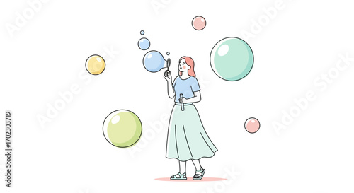 Illustration of a woman blowing bubbles, surrounded by colorful bubbles in a cheerful setting