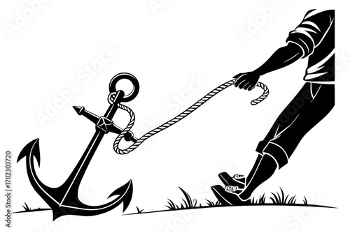 Person pulling an anchor with a rope on grassy ground