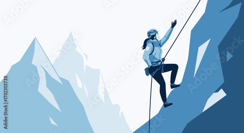 Illustration of a Woman Climbing a Mountain with Blue Tones in the Background