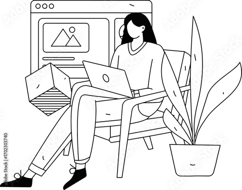 Creative designer crafting digital art and web layouts on laptop, immersed in modern workspace with abstract shapes and plant.