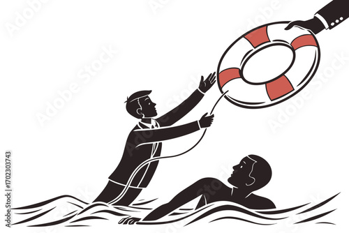 Hand throwing life preserver to businessman drowning in water