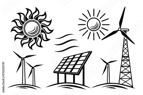 Collection of black and white icons representing renewable energy sources