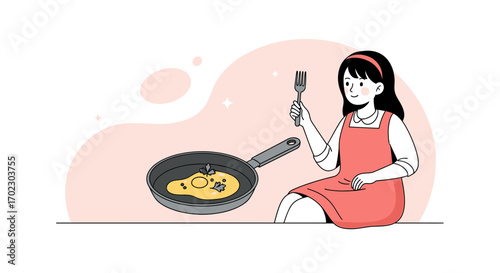 Illustration of a woman cooking breakfast with a fried egg in a pan