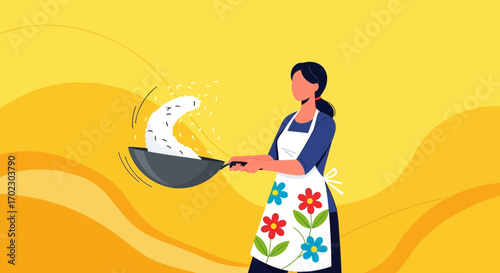 Illustration of a woman cooking rice in a wok with a floral apron and yellow background
