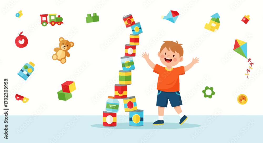 Fototapeta premium Joyful Young Boy Playing Excitingly with Stacking Cans and Colorful Toys
