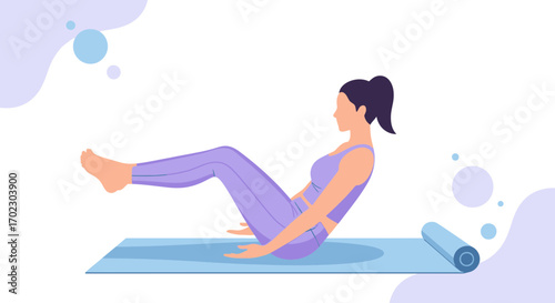 Illustration of a woman doing a workout exercise on a yoga mat in violet gym clothes