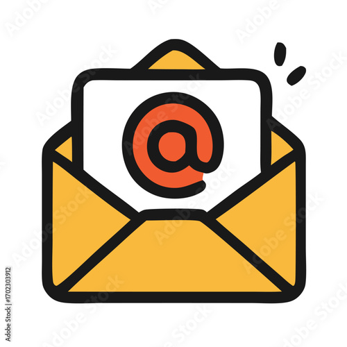 Vector icon of an envelope with @ symbol, representing email, digital message, online communication, and newsletter. Perfect for apps, websites, and social media design