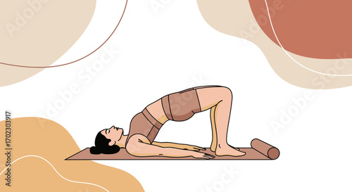 Illustration of a woman doing yoga bridge pose on a mat and abstract background