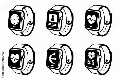 Collection of smartwatch icons with different functions and displays