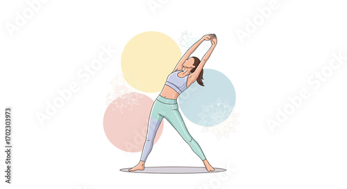 Illustration of a woman doing yoga, stretching her body on a white background