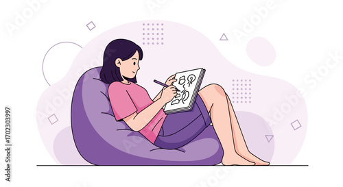 Illustration of a woman drawing in a notebook while relaxing on a beanbag chair