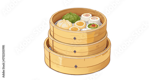 Delicious Dim Sum Steaming in Bamboo Basket Asian Cuisine.