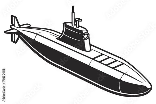 Stylized black and white illustration of a modern submarine