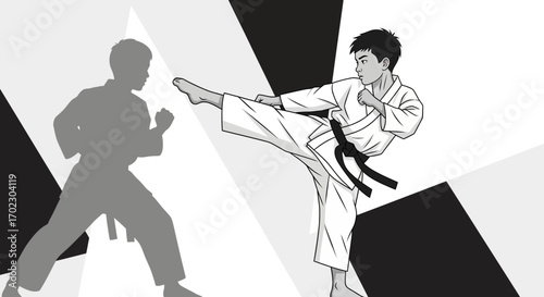 Karate fighter in action striking a kick with a silhouette of his opponent