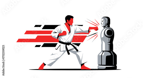 Karate Fighter Performing a Punch on a Training Dummy: Vector Illustration